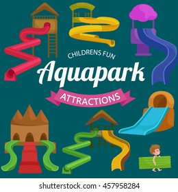 childrens fun in summing water park, pools and slides in aquapark for happy active lifestyle kids vacation, extreme holiday aqua ride in swimmingpool, indoor resort with pipe attraction vector