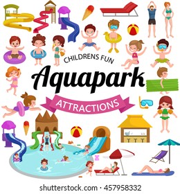 childrens fun in summing water park, pools and slides in aquapark for happy active lifestyle kids vacation, extreme holiday aqua ride in swimmingpool, indoor resort with pipe attraction vector