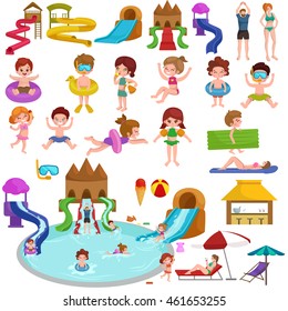 childrens fun in summing water park, pools and slides in aquapark for happy active lifestyle kids vacation, extreme holiday aqua ride in swimmingpool, indoor resort with pipe attraction vector