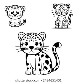 Children's funny leopard sitting quietly. Vector monochrome outline set of cartoon characters sketches for coloring