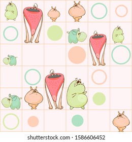 children`s funny monsters and cranks on the background of squares and circles, seamless pattern drawn by hand on a pink background stock illustration