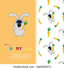 Children's funny postcard with a hare and a carrot. Easter holiday. Illustration.