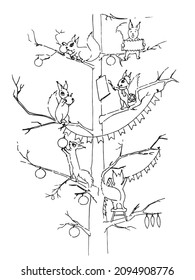 Childrens funny vector illustration for coloring. Squirrels decorate the tree, sing, paint, hang garlands. New Year's decor, postcard, poster 