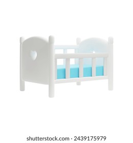 Muebles para niños. Ilustración vectorial 3D de una cama de niños blanca con lados y un colchón azul. Ideal para recién nacidos. Concepto de iconos temáticos para niños.