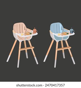 Children's furniture. Ideal for newborns. Baby chair for feeding in pink and blue color. Flat vector children's chair for the kitchen