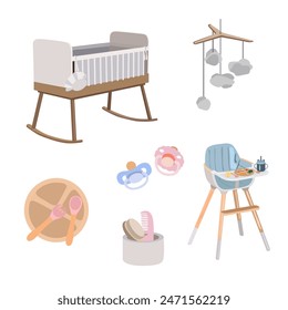 Children's furniture. Ideal for newborns. Children's bed and a rattle above the bed, children's dining chair, pacifiers for children, wooden children's dishes, a set for hygienic care of a baby