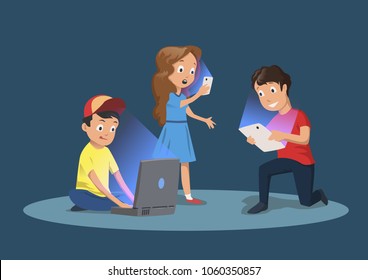 Children's gadget dependence. Kids with electronic devices. Cartoon vector illustration, isolated on dark blue background.