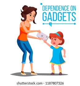 Children's Gadget Dependence Vector. Mother Takes Smartphone From Daughter. Parental Upbringing. Isolated Cartoon Illustration