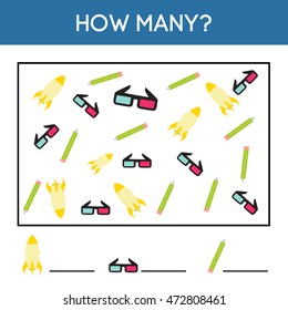 Children's game of counting education. How many objects task. Kids activity sheet. Learning mathematics, numbers, addition theme. Rocket, 3d glasses, pencil. Vector illustration.