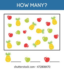 Children's game of counting education. How many objects task. Kids activity sheet. Learning mathematics, numbers, addition theme. Pineapple, red and green apple. Vector illustration.