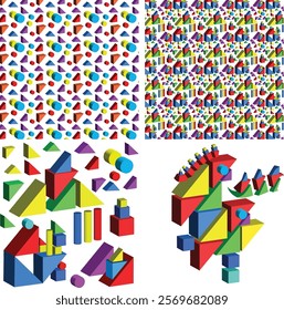 Children's game, creating new shapes with colored blocks. Background for educational games