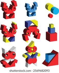 Children's game, creating new shapes with colored blocks. Background for educational games