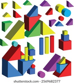 Children's game, creating new shapes with colored blocks. Background for educational games