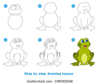 Children's game to develop drawing skills for preschool children. Create an illustration step by step. Printed sheet for a children's school notebook. Frog.