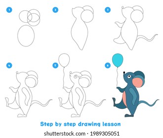 Children's game to develop drawing skills for preschool children. Create an illustration step by step. Printed sheet for a children's school notebook. Mouse.