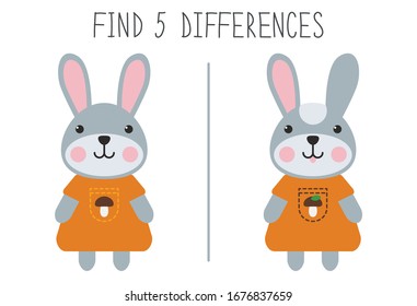 Children's game Find 5 differences. Vector illustration of Bunny, preschool logic puzzle.