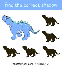 Juego para niños - encuentra la sombra correcta, el lindo dinosaurio azul en el fondo blanco, ilustración infantil, dino, personaje vectorial de caricatura  