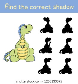 Children`s game - find the correct shadow, cute green dinosaur on the white background, kid`s illustration, dino, vector cartoon character  