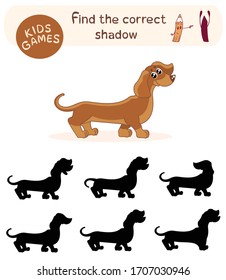 Children`s game - find the correct shadow. Vector illustration of cute cartoon dachshund.