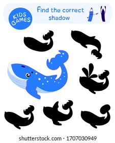 Children`s game - find the correct shadow. Vector illustration of cute cartoon whale.