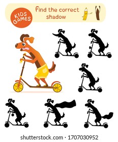 Children`s game - find the correct shadow. Vector illustration of cartoon driving on the kick scooter dog.