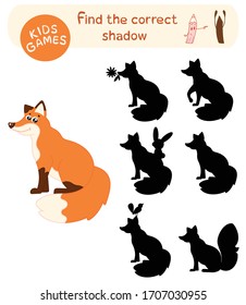 Children`s game - find the correct shadow. Vector illustration of cute cartoon fox.