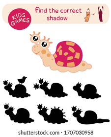 Children`s game - find the correct shadow. Vector illustration of cute cartoon snail.