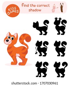 Children`s game - find the correct shadow. Vector illustration of cute cartoon cat.