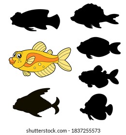 Children`s game - find the correct shadow. Vector isolated yellow fish on the white background. Learning activity. 