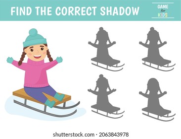 Children's game find the right shadow. A girl rides a sleigh in winter. Vector illustration.