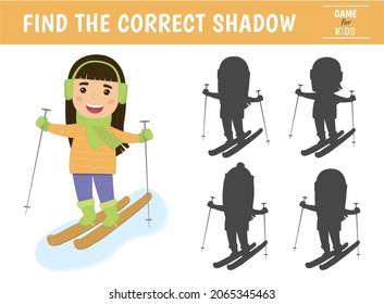 El juego infantil encuentra la sombra correcta. Una niña va a esquiar en invierno. Ilustración vectorial.