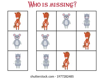 Children's game Find who is missing. Sudoku for kids. Children's puzzles. Educational game for children. Cute animals