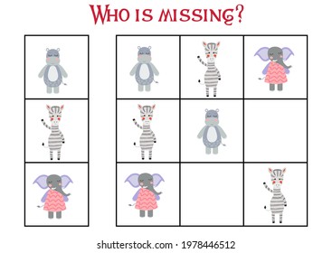 Children's game Find who is missing. Sudoku for kids. Children's puzzles. Educational game for children. Cute animals