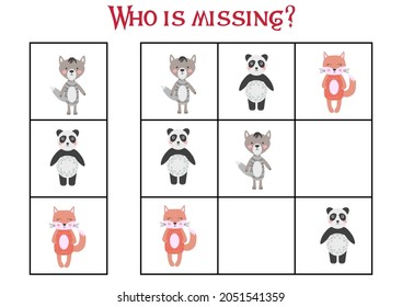 Children's game Find who is missing. Sudoku for kids. Children's puzzles. Educational game for children. Cute animals