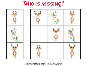 Children's game Find who is missing. Sudoku for kids. Children's puzzles. Educational game for children. Cute animals