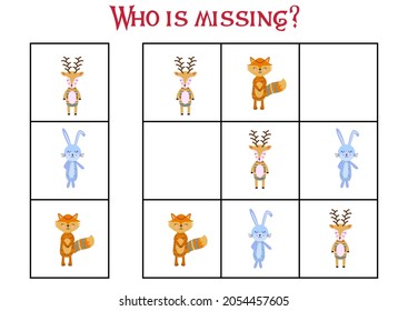 Children's game Find who is missing. Sudoku for kids. Children's puzzles. Educational game for children. Cute animals