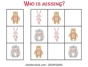 Children's game Find who is missing. Sudoku for kids. Children's puzzles. Educational game for children. Cute animals