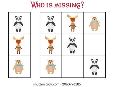 Children's game Find who is missing. Sudoku for kids. Children's puzzles. Educational game for children. Cute animals