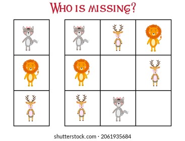 Children's game Find who is missing. Sudoku for kids. Children's puzzles. Educational game for children. Cute animals