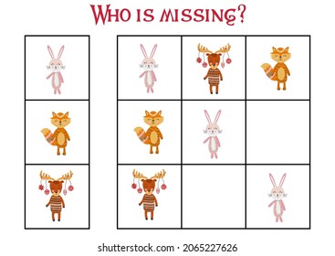 Children's game Find who is missing. Sudoku for kids. Children's puzzles. Educational game for children. Cute animals