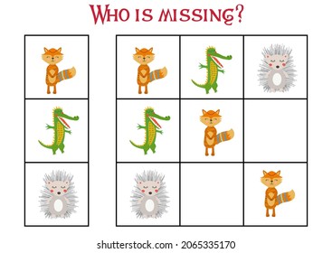Children's game Find who is missing. Sudoku for kids. Children's puzzles. Educational game for children. Cute animals