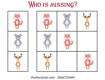 Children's game Find who is missing. Sudoku for kids. Children's puzzles. Educational game for children. Cute animals