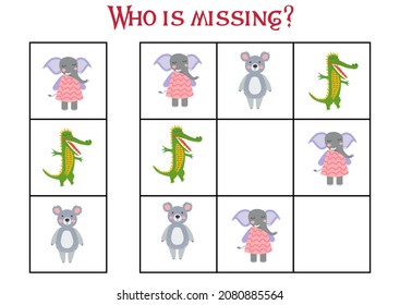 Children's game Find who is missing. Sudoku for kids. Children's puzzles. Educational game for children. Cute animals