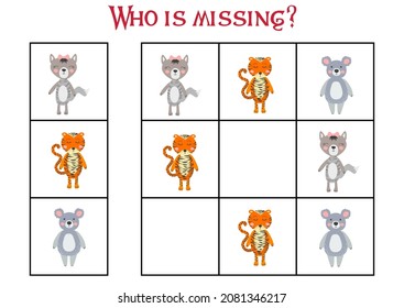 Children's game Find who is missing. Sudoku for kids. Children's puzzles. Educational game for children. Cute animals