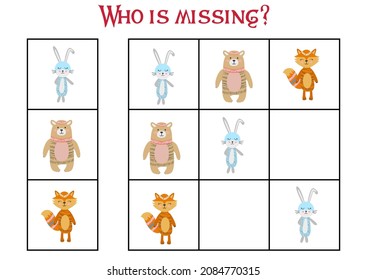 Children's game Find who is missing. Sudoku for kids. Children's puzzles. Educational game for children. Cute animals