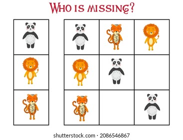 Children's game Find who is missing. Sudoku for kids. Children's puzzles. Educational game for children. Cute animals