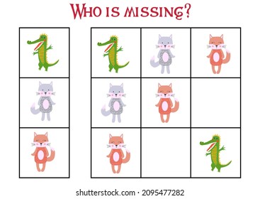 Children's game Find who is missing. Sudoku for kids. Children's puzzles. Educational game for children. Cute animals