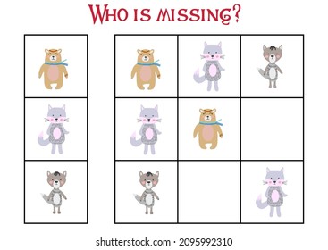 Children's game Find who is missing. Sudoku for kids. Children's puzzles. Educational game for children. Cute animals