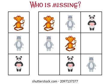 Children's game Find who is missing. Sudoku for kids. Children's puzzles. Educational game for children. Cute animals