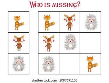 Children's game Find who is missing. Sudoku for kids. Children's puzzles. Educational game for children. Cute animals